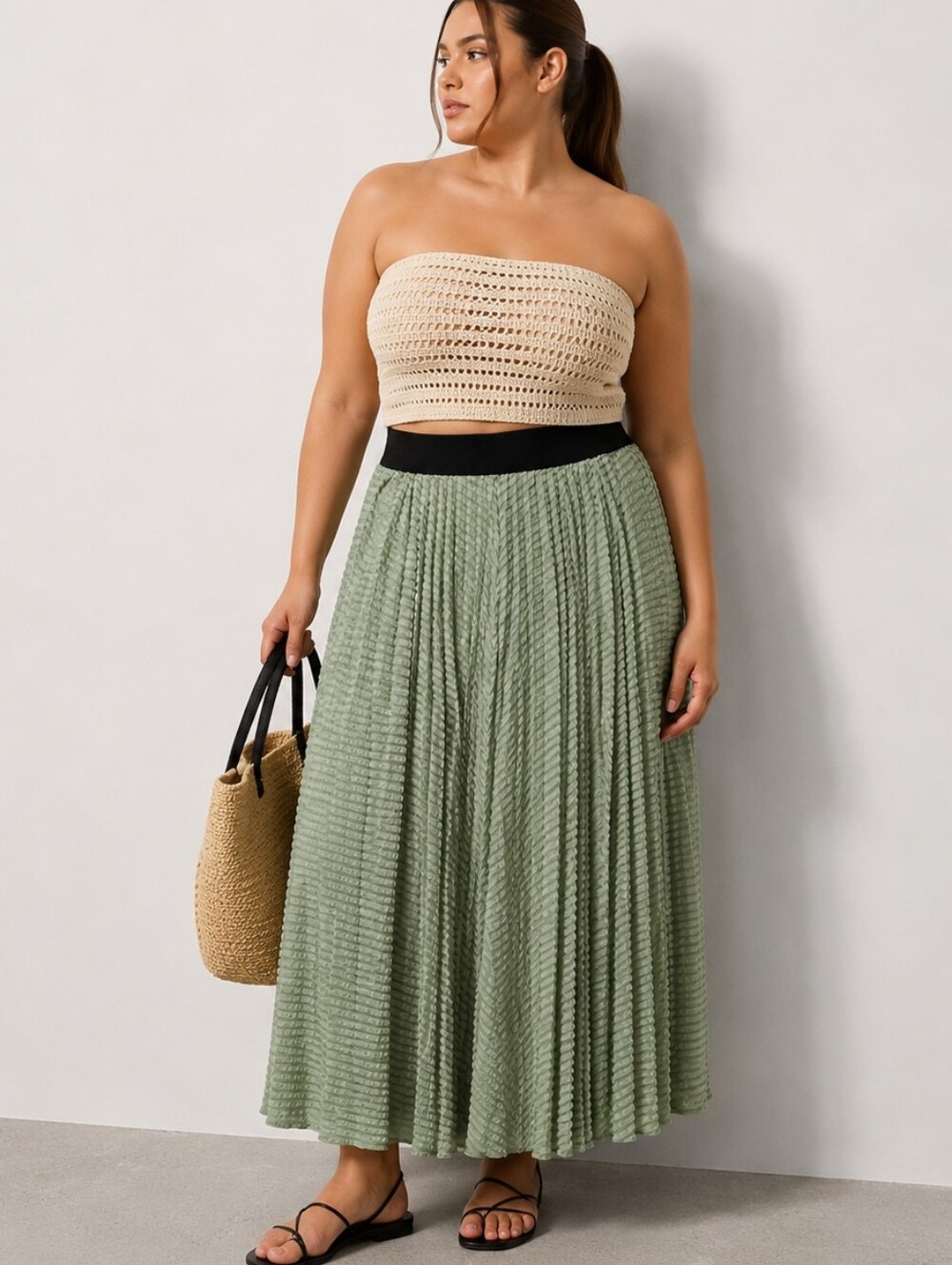 NWT Kathy Cole Sage Textured Pleated Midi Maxi Skirt Pleated Crinkle Plus Sz 4XL
